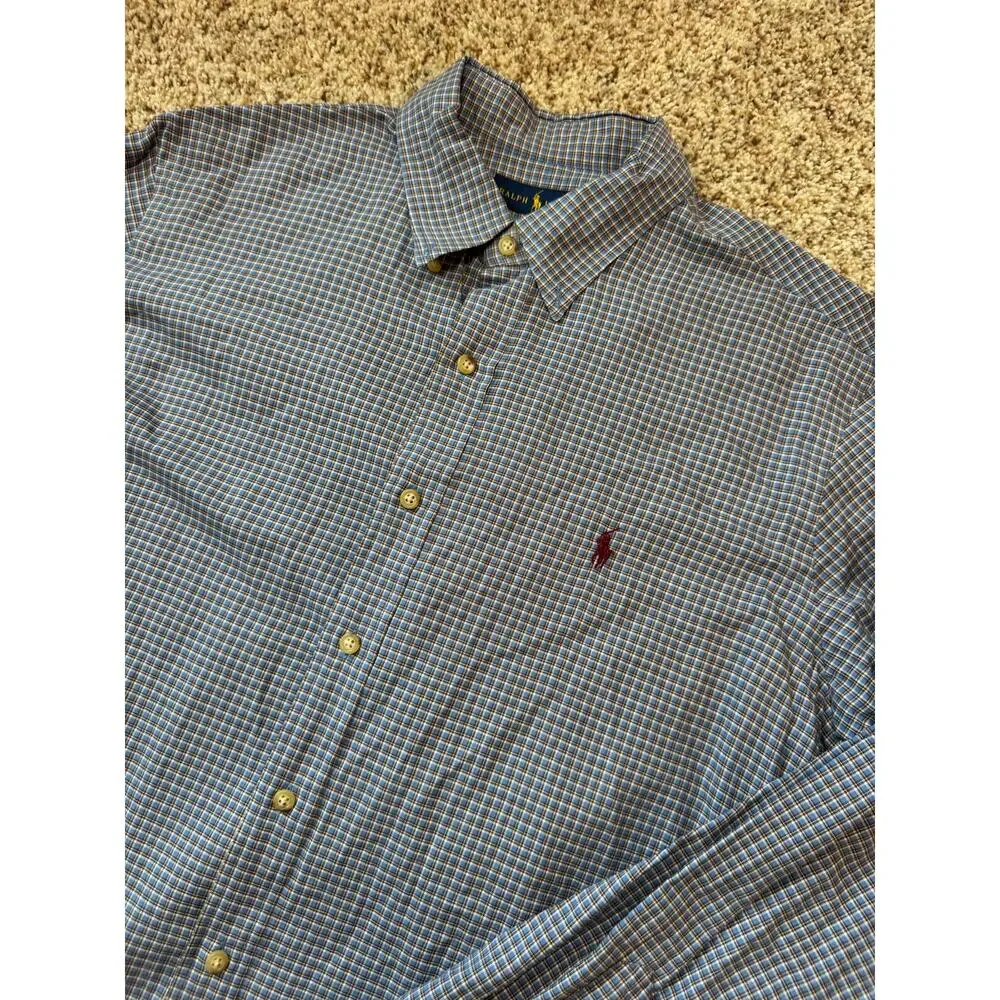 Polo Ralph Lauren Button Up Shirt Mens Large L Blue Plaid Check Cotton Pony